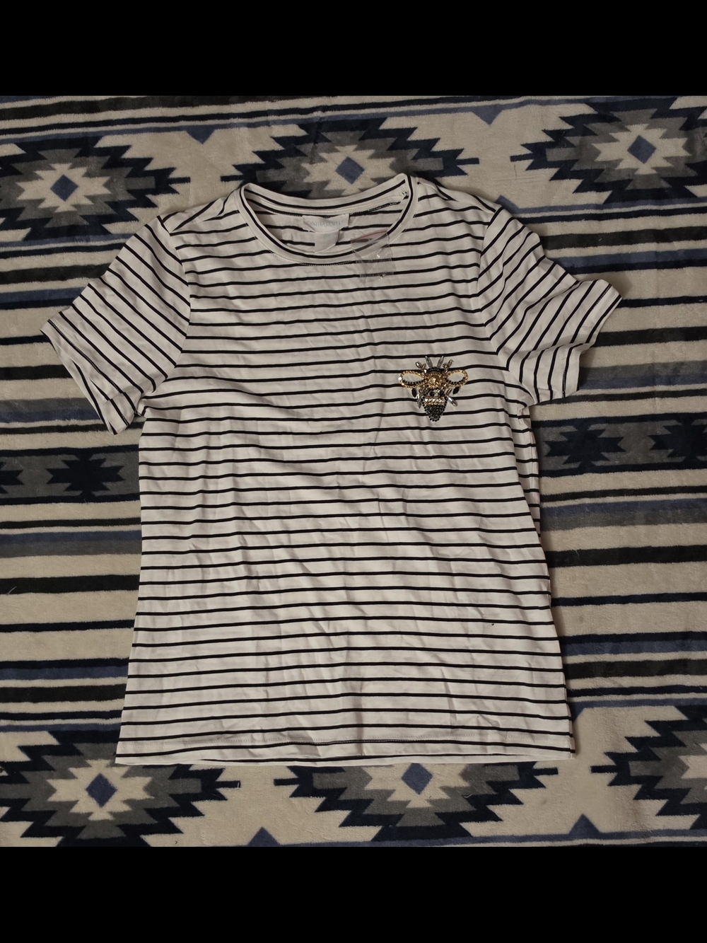 Cynthia Rowley Black & White Striped Tee with Bee Patch